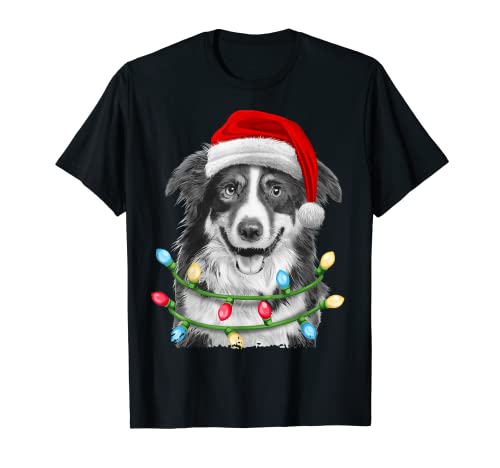 Border Collie Santa Christmas Tree Lights Xmas Boys Men Dog t-shirt, Preto, S