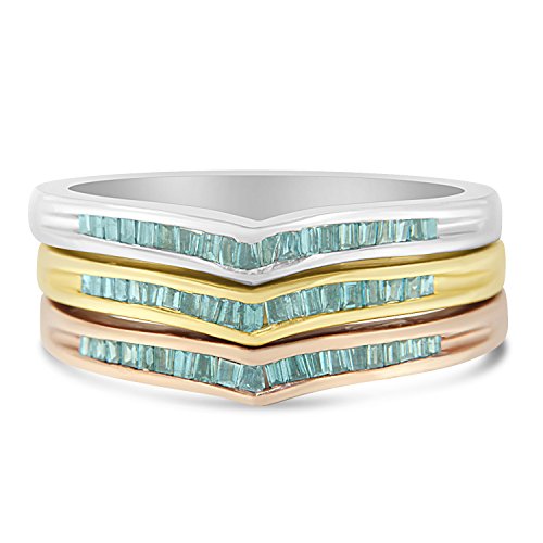 Original Classics 10K Tri-Tone Gold Treated Blue Baguette Diamond Stackable Ring Set (0.5 Cttw, Blue Color, I2-I3 Clarity) - Size 7