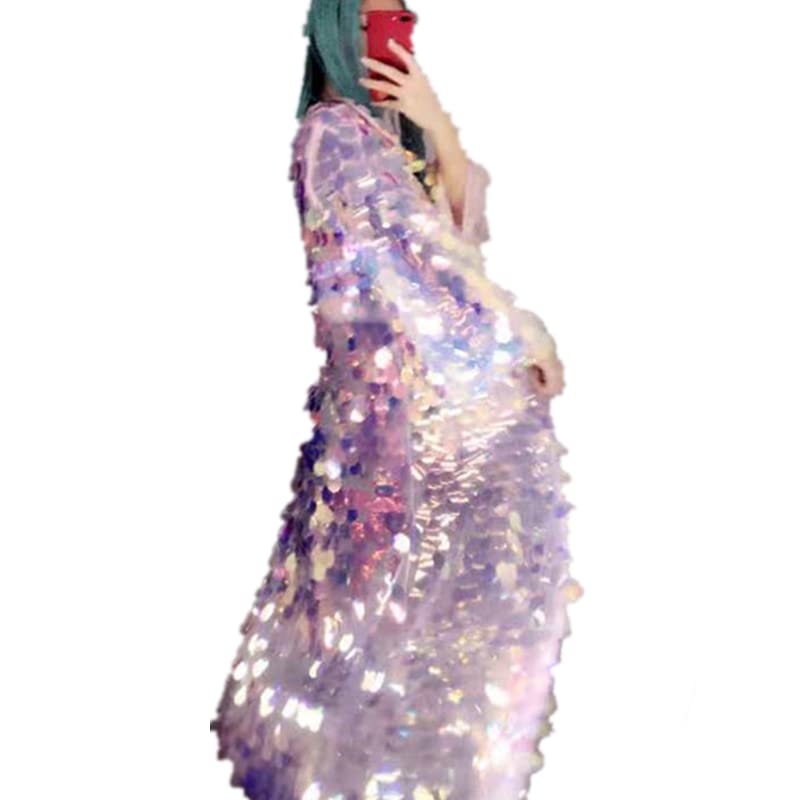 Female Long Sequins Coats Loose Long Sleeve Gold Red Green Pink Silver Casual Jackets Prom Party Singer Dancer One Size