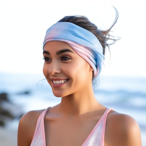 Image of XFYT Silky Soft Tie-Dye Yoga Stylish Hair Bands | Boho Stretch Chic Elegant Head Band for Women Girls Workout Sports Fitness Gym (Pink Sky)