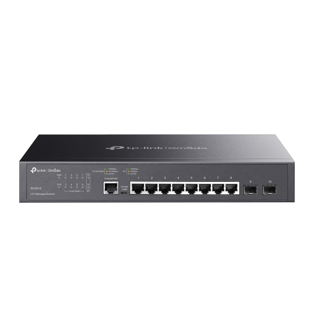 TP-Link Gigabit-Switch mit 8 Ports, L2 verwaltet mit Konsolenanschluss, 2 SFP-Steckplätze, Rackmount, begrenzter lebenslanger Schutz, unterstützt L2/L3/L4 QoS, IGMP und LAG, IPv6 und statisches