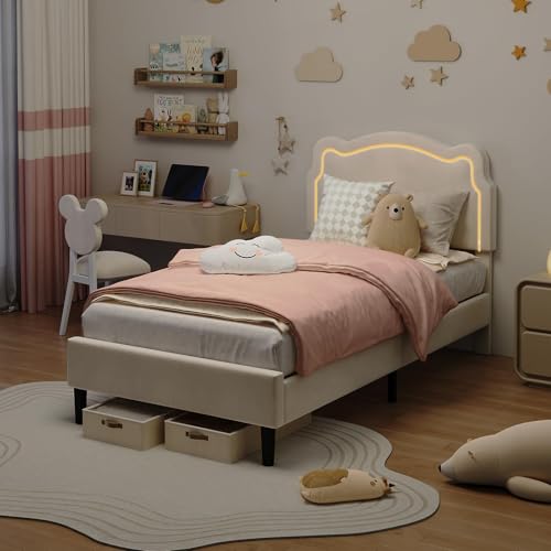 Image of GarveeHome Twin Upholstered Smart LED Bed Frame with Headboard, Velvet Princess Platform Bed Frame for Kids, Wooden Slats Support, No Box Spring Needed (Off-White)