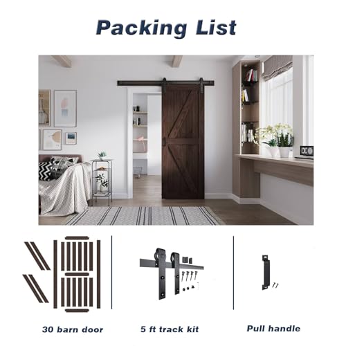 Image of FREDBECK 30 x 80 Wood Barn Door Brown with Hardware,K-Frame,Interior Door