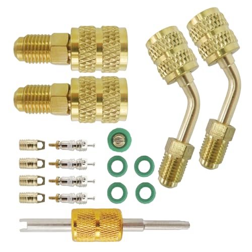 Kit de adaptadores R410a para mini split – Adaptador de 5/16" hembra a 1/4" macho con brida, extractor de núcleos de válvula, juntas para manguera R134a y núcleos de válvula 5V1 para servicio HVAC y refrigeración