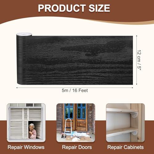 Image of MECCANIXITY Wood Grain Repair Tape, 5 Inch x 16 Feet Self Adhesive Wood Grain Tape Multi-Purpose Wallpaper Border Trim for Furniture Floors Windows Doors Tables Home, Black