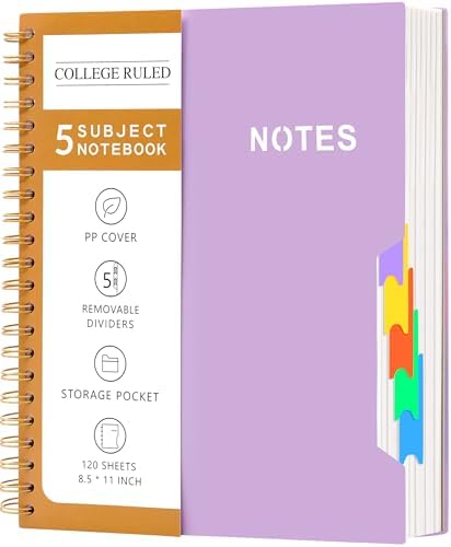 CAGIE 5 Subject Notebook College Ruled 8.5” x 11” Hardcover Spiral Lined Notebook with 5 Removable Colored Dividers 240 Pages Notebooks for Work, School Supplies, Home & Office, Writing Journal