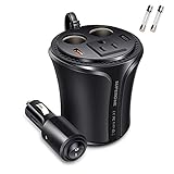 Car Power Inverter Cup Holder Charger, SUPERONE 150W Car Inverter 12V to 110V AC with 27W USB C & QC3.0 and 2 Car Power Adapter