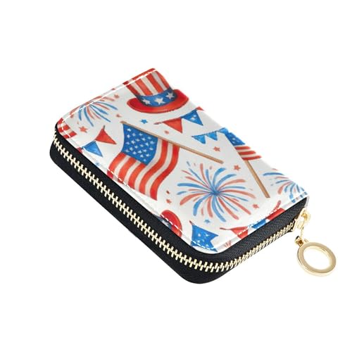 Card Holder Wallets RFID Blocking Wallet Women Leather Zip Around Zipper Wallet with Coin Pouch American Flags White Cartoon