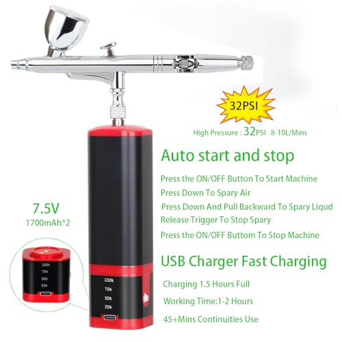 Image of Portable Upgraded Dual-Action extra battery Airbrush kit with compressor-replaceable battery Cordless Air Brush Set for Leather furniture repair,Nail Art,Painting,Cake,Model,Tattoo,T-shirt