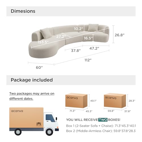 Image of Acanva Formia Boucle Curved Sectional Sofa, 153 inch W Left Hand, White