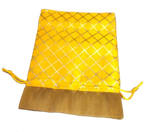 Image of 3A FEATURETAIL 13CM X 18CM Small Drawstring Bags Pouches Potli for Gift Wedding Jewelry Packaging Bridal Party Favors for Women (10 Pc Pack, Yellow Color Golden Berfi Print)