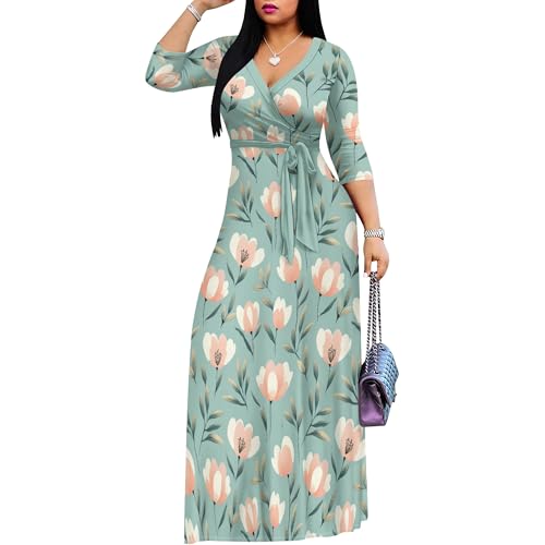 Image of PinkPatty Plus Size Maxi Dress for Women Casual V Neck 3 /4 Sleeve Boho Printed Long Dress with Pockets