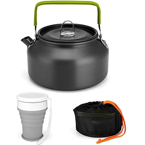 Odoland Camping Teekessel 1.2L Wasserkocher Set mit Tasse, leichte Aluminium Camp Teekanne mit Silikon Faltbare Tasse Cover