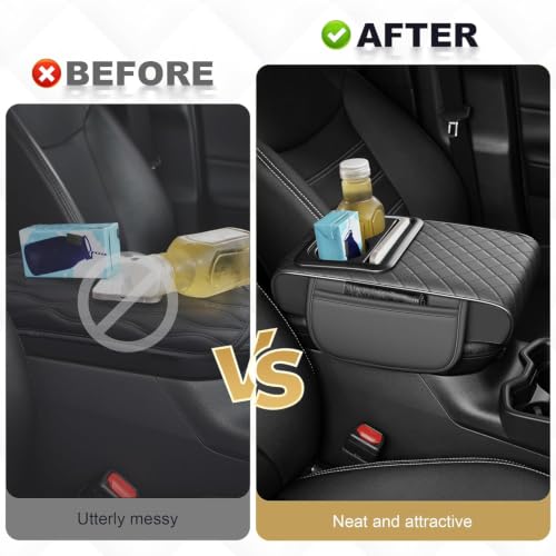 Image of Eliane Car Center Console Armrest Cover Pad Fashion PU Leather Car Armrest Cushion Fit for SUV, Auto Armrest Seat Box Cover with 2 Mobile Pockets, Ergonomic Comfort & Easy Install (Black) (Design 2)