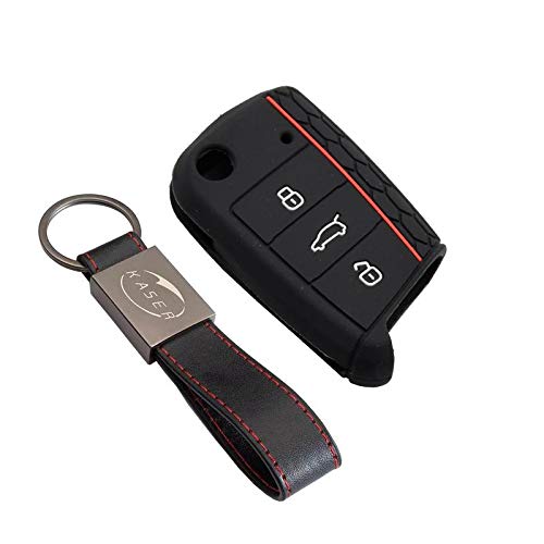 Housse étui en Silicone pour Clé VW Volkswagen – Coque Cover Porte-Clés 3 Boutons pour MK7 Golf 7 Tiguan Touran 2017 Skoda Octavia Seat Leon Protection Télécommande Voiture (Noir)