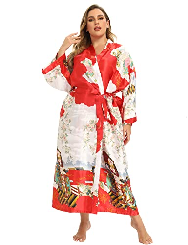 Image of Women's Floral Long Satin Robes Plus Size Long Silk Robes Peacock Floral Kimonos Sleepwear Dressing Gown