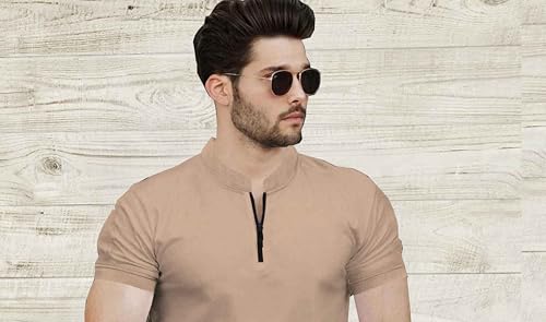 Image of Men's Black Half Sleeve T-Shirt with Zip Collar, Slim Fit Casual Wear