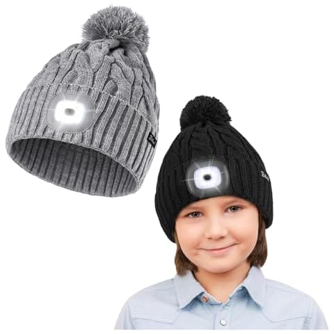 Etsfmoa Unisex Hat with Light for Kids,Winter Knitted Beanie,Gifts for Boys and Girls,Rechargeable Headlamp LED Cap Cover