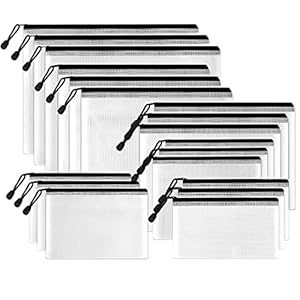 SUNEE Multisize Plastic Zipper Pouches (Black, 18 Packs), Water-Resistant Zip Bag for School Office Supplies, Puzzles & Games Organizing Storage