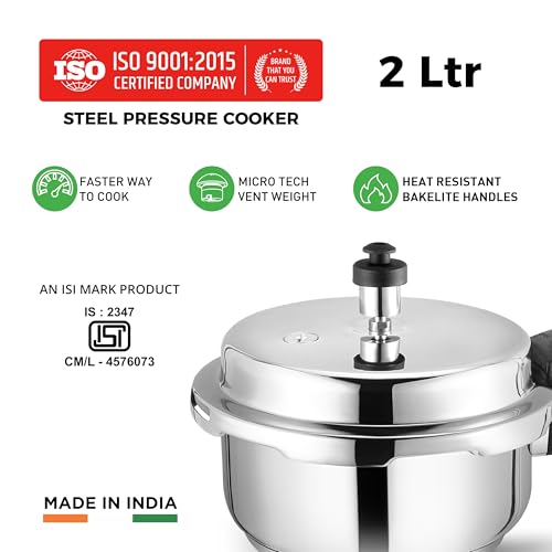 Image of 2 Litres Pressure Cooker | Outer Lid | Stainless Steel | Induction & Gas Stove Compatible | ISI Certified | 5 Years Manufacturer's Warranty