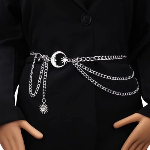 Punk Waist Chain Metal Hip Hop Womans Chain Belt Ladies Vintage Dress Cummerbands(silver moon)