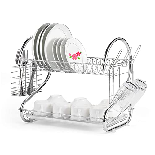 RELOVE Scolapiatti a 2 livelli, multifunzione, supporto per ciotola per tazze, scolapiatti con vassoio di scarico per cucina, 40 x 26 x 37 cm (gabbia per baguette + portabicchieri)