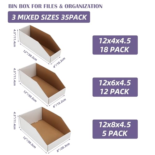 Image of EXYGLO Cardboard Storage Bins Assorted Sizes, 35 Mixed Pack Cardboard Boxes,18 Pack 12x4x4.5, 12 Pack 12x6x4.5, 5 Pack 12x8x4.5 Corrugated Organizer Bins for Pantry, Shelves, Garage, Office, Shop