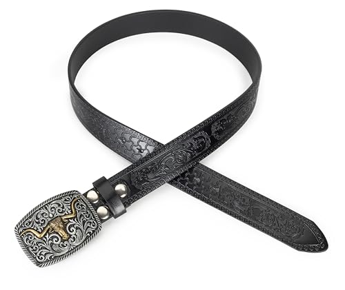 Image of Western-Cowboy-Leather-Belts for Women Turquoise-Oval-Buckle Embossed Belt