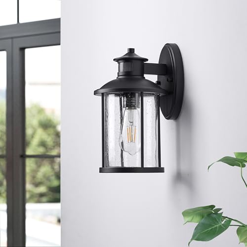 Image of MICSIU 2-Pack Black Motion Sensor Outdoor Wall Light No Assembly Required | 11.5 inch Dusk to Dawn Security Exterior Fixture, Seeded Glass Rustic Cabin Porch Light Sconce for Garage, Deck