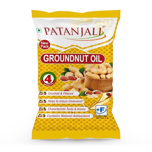 Image of Patanjali Groundnut Oil, Kacchi Ghani, Virgin, Unrefined, Cold pressed, Edible Oil for Cooking, Baking & Frying for Rich Flavour & Nutrition 750Gm Pouch