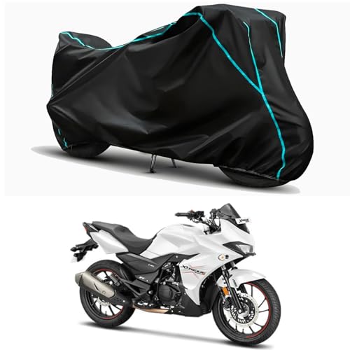 Image of Waterproof Bike Body Cover Compatible for | Hero Xtreme 200S | Taffeta Fabric, Sky Piping Design, Bottom Elastic Fit | Dustproof, Sun UV & Rain Protection for All Weather.