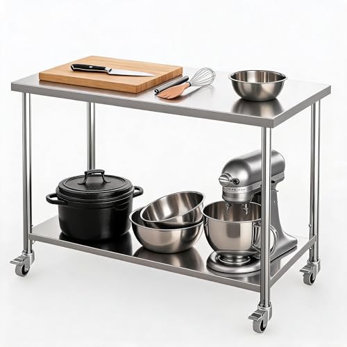Image of Garvee Stainless Steel Table, 60 inch x 24 inch NSF 2 Tier Prep Table with Lockable Wheels & Adjustable Under Shelf, Heavy Duty Commercial Worktable for Restaurant, Home, Kitchen, Indoor, Outdoor