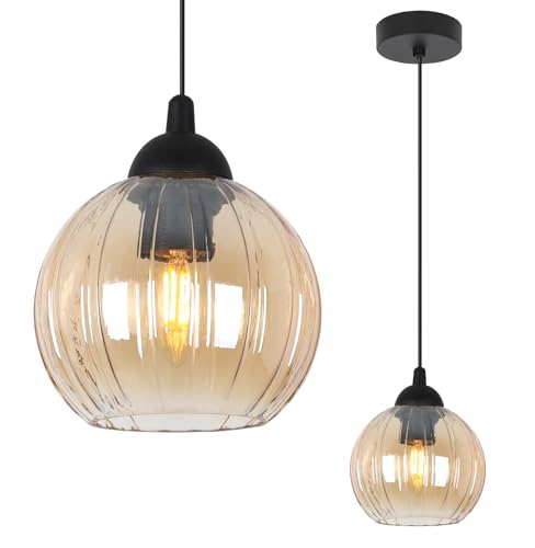 Light-Home Costa Lámpara colgante de techo - Lámpara de techo para dormitorio, sala de estar y cocina, estilo loft industrial moderno E27 - Pantalla de vidrio bola de miel - Base negra
