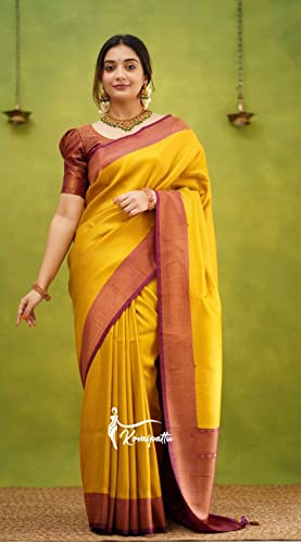 Image of Flosive Women's Present Banarasi Soft Lichi Silk Saree Beautiful Jacquard Rich Pallu Design Work Zari Woven Kanjivaram Silk Style Saree With Soft Lichi Silk Blouse Piece Ayn Royal Mix (Yellow).