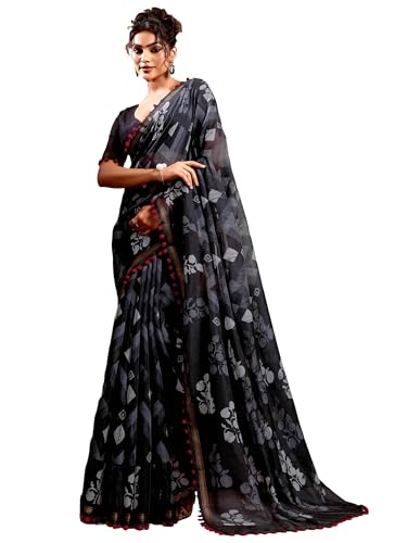 Image of AKHILAM Women's Cotton Printed Saree With Unstitched Blouse Piece