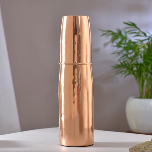 Image of Vidwan Pure Copper Water Bottle with Glass on Top | Ayurvedic Joint Design Copper Bottle for Drinking Water | Leak-Proof 1 Litre Bottle with Integrated Glass | Office, Home & Travel Use, Rose Gold