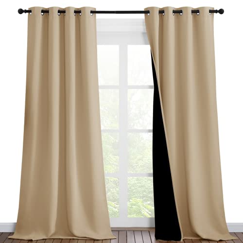 Image of NICETOWN Living Room Completely Shaded Draperies, Privacy Protection & Noise Reducing Black Lined Insulated Window Treatment Curtain Panels for Patio Door (Set of 2 Pcs, W46 x L90, Biscotti Beige)