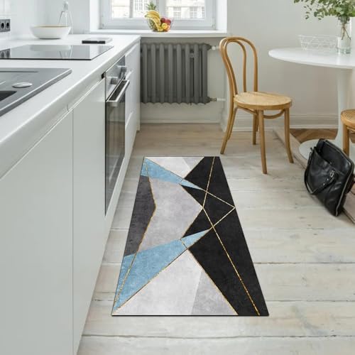 Alfombra pasillera lavable y antideslizante con diseño patchwork gris y azul 5