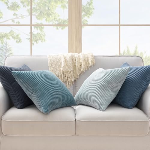 Image of Topfinel BlueGray Decorative Throw Pillow Covers 16x16 Inch Set of 4,Soft Accent Corduroy Striped Gradient Color Small Cushion Cover for Beach,Patio,Balcony,Couch Living Room,Summer Home Decor