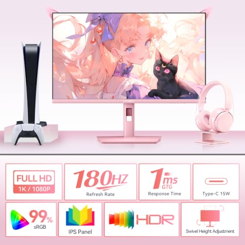Image of CUNPU 24 inch Wave Pink Kawaii Gaming Monitor, FHD 1920x1080 180Hz 1ms GTG Fast IPS, 100% sRGB, Adaptive Sync, Built-in Speakers, USB Type-C 15W HDMI /DP, Tilt Adjustable Stand, For PC Gaming & Home Office