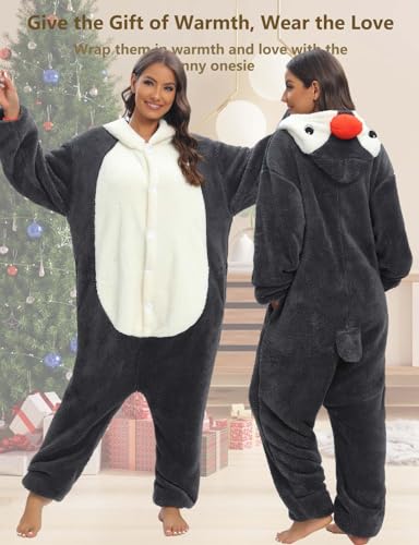 Einteiliger Schlafanzug Damen Lang Winter Einteiler Tierkostüm Erwachsene Kostüm Jumpsuit Damen Kuschelig Pyjama Fleece Onesie Kleidung Mit Kapuze und Reißverschluss (Grauer Pinguin-7131, M)