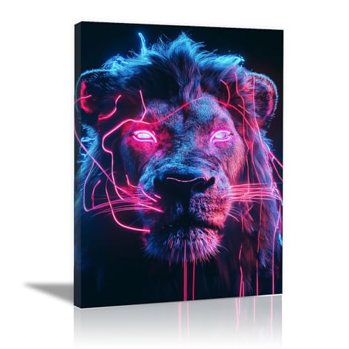 Tableau lion cybernétique bleu 40x60cm avec cadre premium artistique