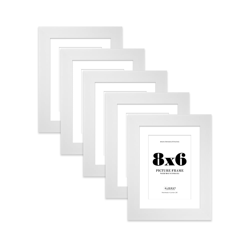 8x6" White Frame With Mount for 6x4" Pictures 28mm Edge Portrait and Landscape Display with Wall Hooks and Kickstand, 5 Pack