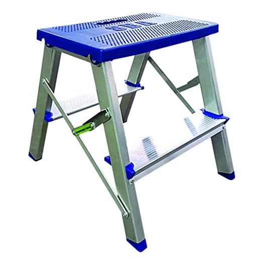 Escada Banqueta Bilateral de Alumínio Dobrável, Alustep - 2 degraus (Patamar Azul)