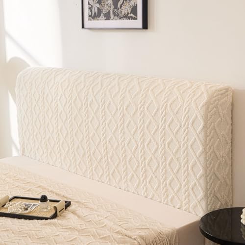 Image of HOMETHREADS Stretchable Lycra /Velvet Headboard Cover | Soft, Dust-Proof & Wrinkle-Resistant Bed Back Protector | Fits Leather, Wooden & Fabric Bedsides | for 5ft to 6.5ft Beds (Cream, 85x65cm)