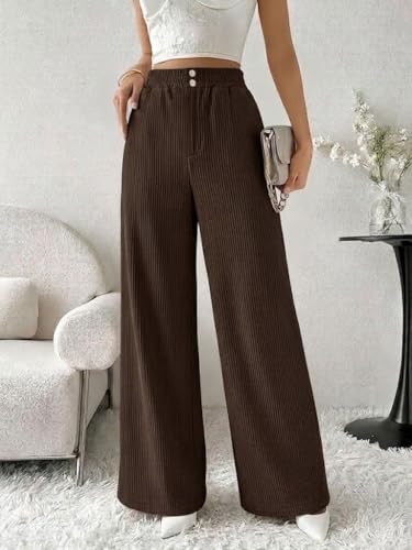 Image of SMOWKLY Authentics Women's Trendy Casual Corduroy Stretchable Baggy Loose Korean Trouser with Pockets || High Rise Elastic Waist Going Out Lounge Pants || Wide Leg Summer Pants for Woman