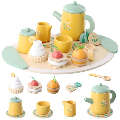 Service à Thé en Bois pour Enfant, Tea Party Jeux de Rôle, Accessoires de Cuisine Enfants, Jouet Extérieur Jeux Educatif Plus de 3 Ans Cadeau Créatif Anniversaire Pâques Halloween Noël Garçon Fille