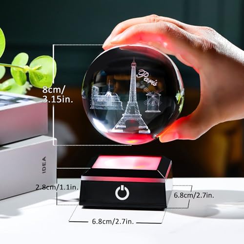 Image of 3D Crystal Ball Eiffer Tower Decor Paris Gifts for Women Men Snow Globe Ornament with LED Base Night Light, Laser Etched Eiffer Towe Statue Souvenirs France Gifts