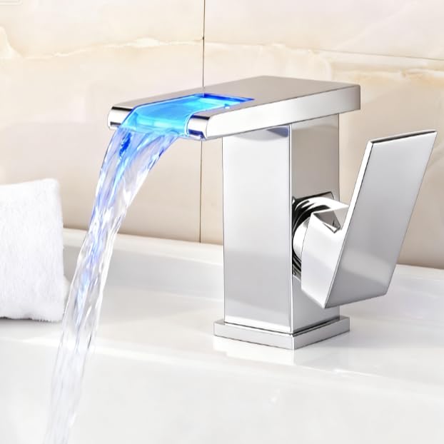 Robinet cascade LED 304 en acier inoxydable laiton mitigeur monocommande RVB 3 couleurs changeantes Robinet de lavabo chaud et froid avec capteur de température...