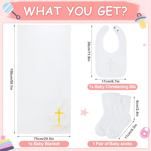 Panitay Set of 3 Baby Baptism Blanket White Bibs Baptism Socks for Baby Boys Girls Soft Coral Fleece White Receiving Blanket Christening Dedication Accessories2